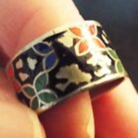 TURKISH 925 ENAMEL INLAY IN MOSAIC CLOISONNE DESIGN BAND RING 56 - Picture 2 of 3